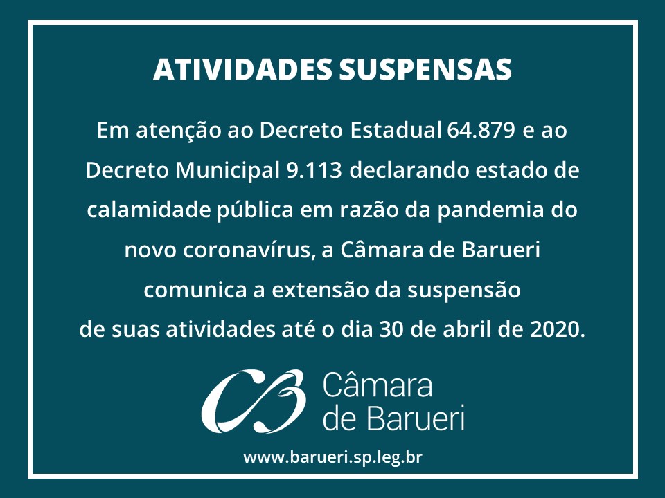 Câmara de Barueri estende suspensão das atividades até 30 de abril