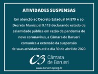 Câmara de Barueri estende suspensão das atividades até 30 de abril
