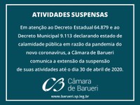 Câmara de Barueri estende suspensão das atividades até 30 de abril