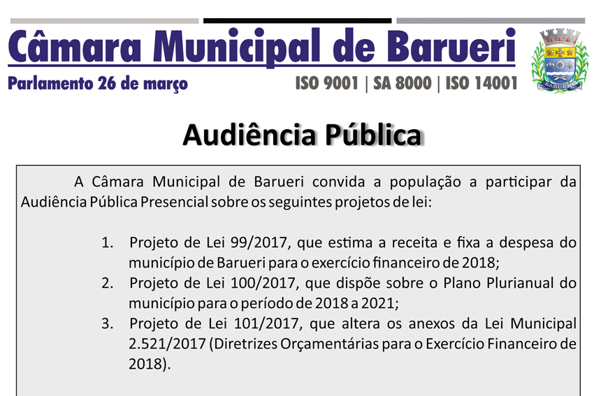 Câmara promove audiência pública sobre Orçamento 2018 e PPA